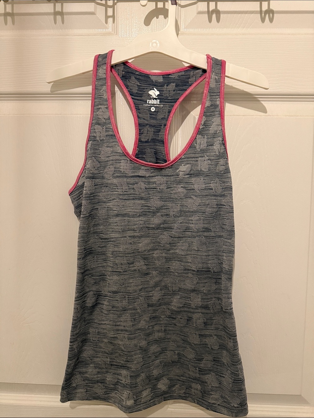 rabbit racerback Bunny Hop tank in heather navy-gray with pink trim